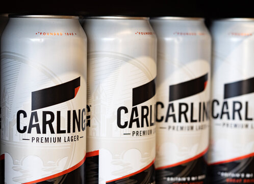 In this photo illustration Row of Carling cans in the store