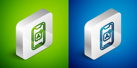 Isometric line Mobile Apps icon isolated on green and blue background. Smartphone with screen icons, applications. mobile phone showing screen. Silver square button. Vector