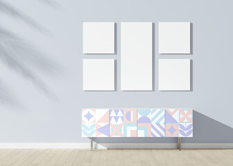 Empty wall mock up in Scandinavian style interior with painted sideboard. 3D render. Seamless pattern. Painting furniture. Minimalist interior design. 3D illustration. Blank paintings on the wall.