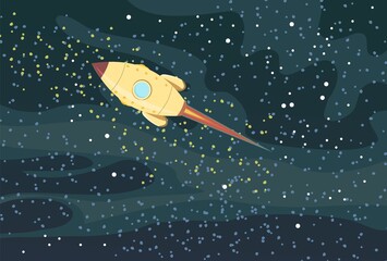 Cosmos background. The rocket. Starry sky landscape. Dark colors. Flat style. Cartoon design. Vector