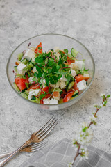Vegetable salad with cheese and croutons on a light gray background
