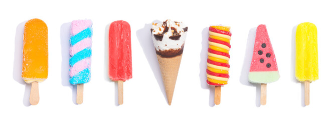 Collection of different colorful popsicles  and ice cream on white background. Panorama ...