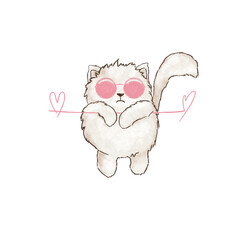 Cute cat in pink sunglasses illustration on white background. Pink hearts. Summer illustration