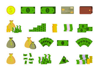 Money set for business and finance. Currency, dollar, coins, money bag, bills, banknotes, wallet, bank card. Vector illustration, flat cartoon design, isolated on white background, eps 10.