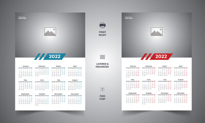 Print Ready One Page wall calendar template design for 2022, Week starts on Sunday calendar design 2022, Planner diary with Place for Photo