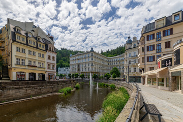Fototapeta na wymiar Spa architecture of famous great Czech spa town Karlovy Vary (Karlsbad) in the western part of the Czech Republic, Europe