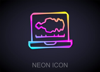 Glowing neon line Sound or audio recorder or editor software on laptop icon isolated on black background. Vector