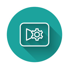White line Music or video settings button icon isolated with long shadow background. Green circle button. Vector