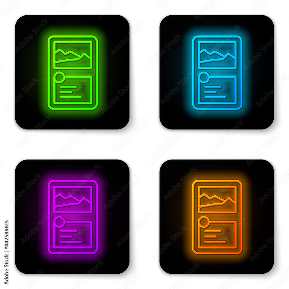Poster glowing neon line card game collection icon isolated on white background. fantasy ui kit with magic 