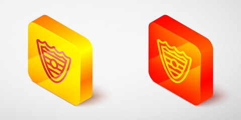 Isometric line Shield icon isolated on grey background. Guard sign. Security, safety, protection, privacy concept. Yellow and orange square button. Vector