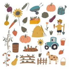A large set of elements and characters of the cartoon farm. A person, tools, farm animals, a tractor, vegetables highlighted on a white background, fruits.