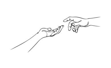 two hands reaching out, one line vector illustration