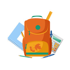The concept of collecting a backpack for school. Vector illustration in cartoon style, children's backpack and stationery