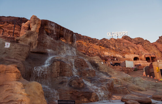 Egypt, Sharm el-Sheikh - old town famous place for tourist to make photo at waterfall from rocks background