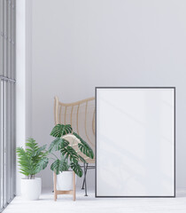 Living room on the white wall background, tree, minimal style ,frame form mock up - 3D rendering -