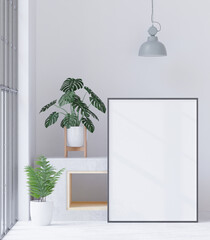 Living room on the white wall background, tree, minimal style ,frame form mock up - 3D rendering -