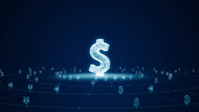 Motion graphic of Blue digital 3D money logo with futuristic technology icon and line connection with circle rotation on abstract background concept seamless loop video