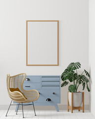 Room and the white wall background, blue cabinet and tree , minimal style ,frame form mock up - 3D rendering -