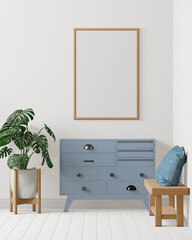 Room and the white wall background, blue cabinet and tree , minimal style ,frame form mock up - 3D rendering -