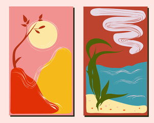 A set of two wall drawings with summer landscapes. vector illustration for wall decor, cover design, postcard, banner
