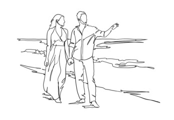 Beach couple in one line art vector