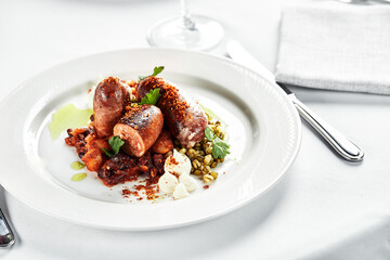 Grilled sausages in honey-beer sauce on a white plate with herbs. German, homemade Bavarian cuisine. Selective focus