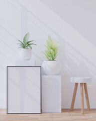 Living room on the white wall background, tree and frame on the floor, minimal style ,frame form mock up - 3D rendering -