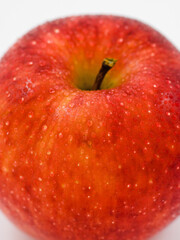 Red spotted apple with water drops close-up