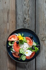 Appetizing salad with feta cheese, fresh vegetables (tomatoes, cucumbers, onions), crispy lettuce, microgreens and violet flowers.  Greek salad on a wooden background. Food with flowers