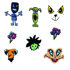 Fotobehang Vector flat colorful simple icons set: robot, alien, tiger, troll, flowers and eyes. Ideal material for your stickers © Nana