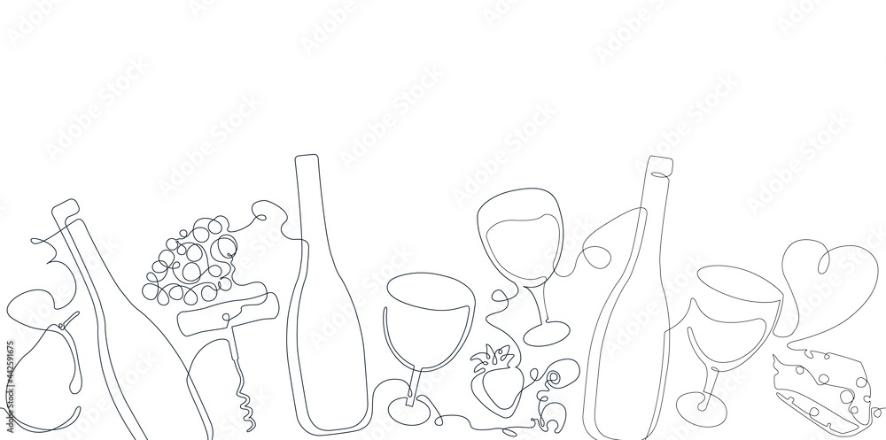 Wall mural horizontal seamless pattern with wine. border with continuous line drawing bottles, glasses,olives,  - Wall murals