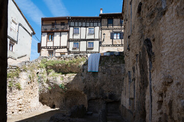 Traditional architecture at Frias, Merindades. Ancient houses with wood details. Burgos, Spain, Europe.