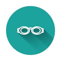 White line Glasses for swimming icon isolated with long shadow background. Swimming goggles. Diving underwater equipment. Green circle button. Vector