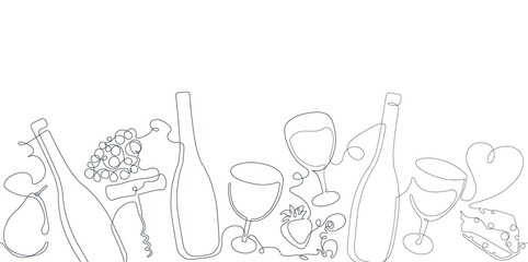Horizontal Seamless  Pattern with Wine. Border with Continuous line Drawing  Bottles, Glasses,Olives, Fruits and Cheese . Vector Background. 