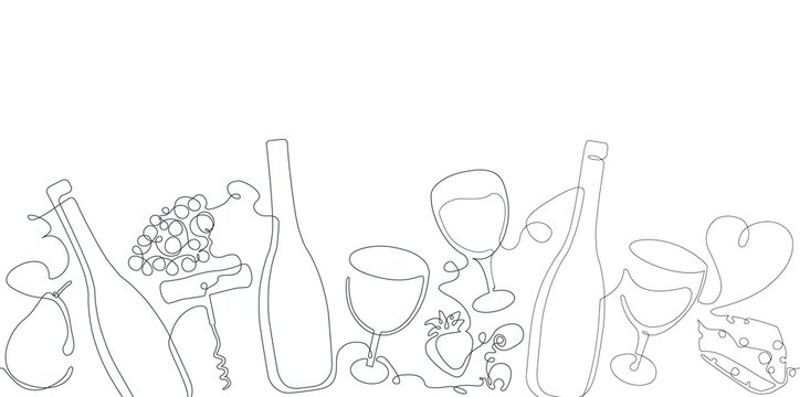 Horizontal Seamless  Pattern with Wine. Border with Continuous line Drawing  Bottles, Glasses,Olives, Fruits and Cheese . Vector Background. 