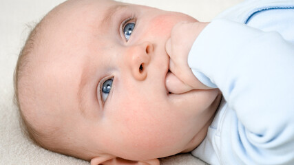 Portrait of cute little baby boy holding hand in mouth. Concept of children development and family lifestyle