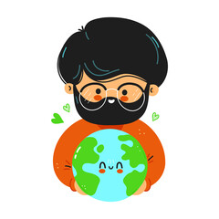 Young cute funny man hold planet Earth in hand. Young man hugs cute planet Earth. Isolated on white background