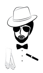 Bearded gangster or gentleman in hat and glasses with bow tie, cigar and gloves