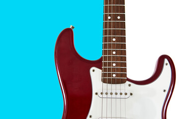 red electric guitar with the Argentina colors flag light blue and white on the background, horizontal, copy space