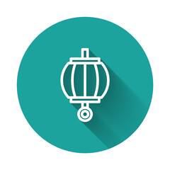 White line Korean paper lantern icon isolated with long shadow background. Green circle button. Vector