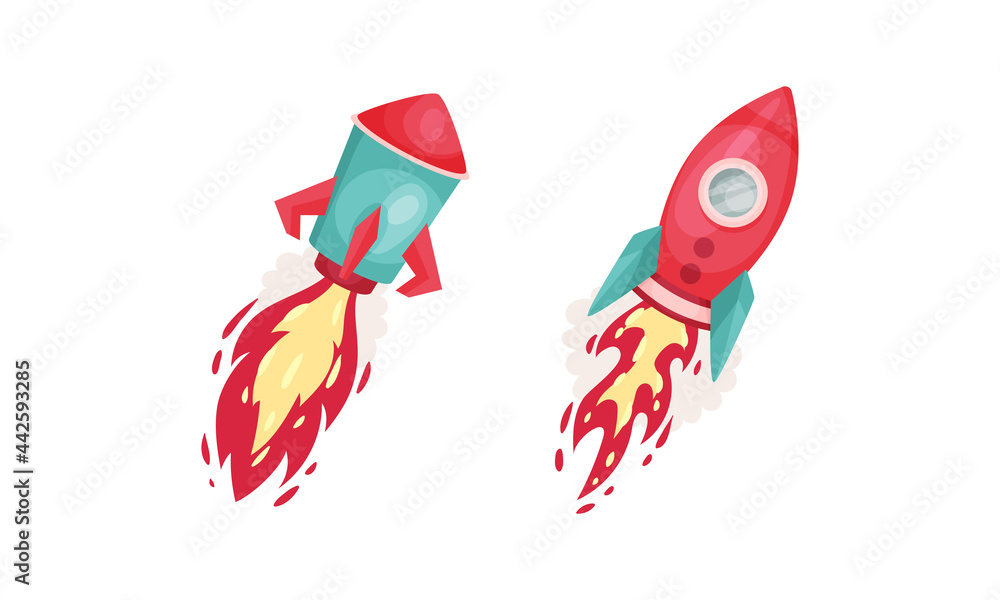 Poster bright space rocket with reactive booster vector set