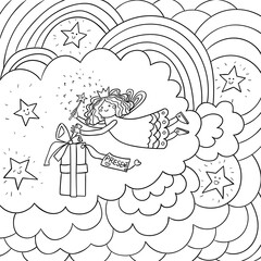 fairy magic princess, flying in the clouds and holding a gift and a magic wand in her hands. Vector sketch illustration.