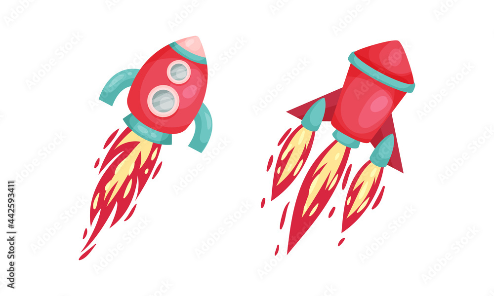 Poster bright space rocket with reactive booster vector set