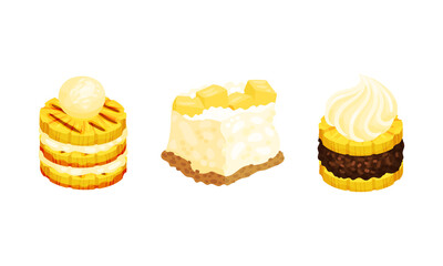 Pineapple Exotic Desserts with Whipped Cream Vector Set