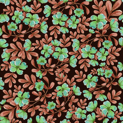 watercolor illustration seamless pattern small green flowers,brown leaves on a dark background