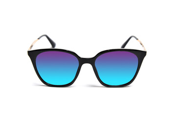 Fashionable sunglasses with bright blue lenses on white background