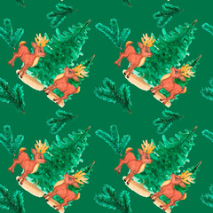 Fototapeta na wymiar Watercolor hand painted Christmas background.Fawns. Seamless pattern with deer , and fir-trees on background.New year seamless pattern. 