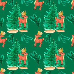 Watercolor hand painted Christmas background.Fawns. Seamless pattern with deer , and fir-trees on background.New year seamless pattern. 