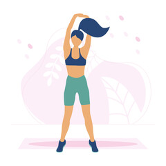 A girl in a sports uniform stretches her arms towards the sky.