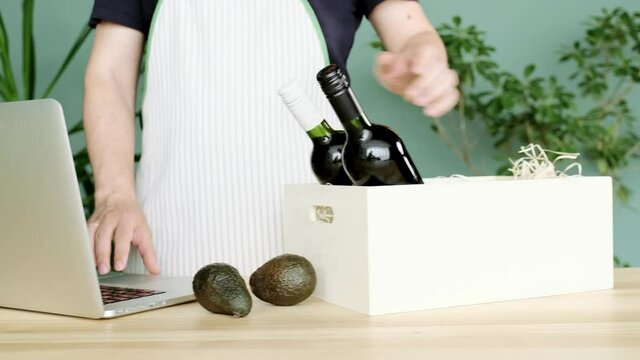 Shopping deliver wine bottle box delivery online apron worker